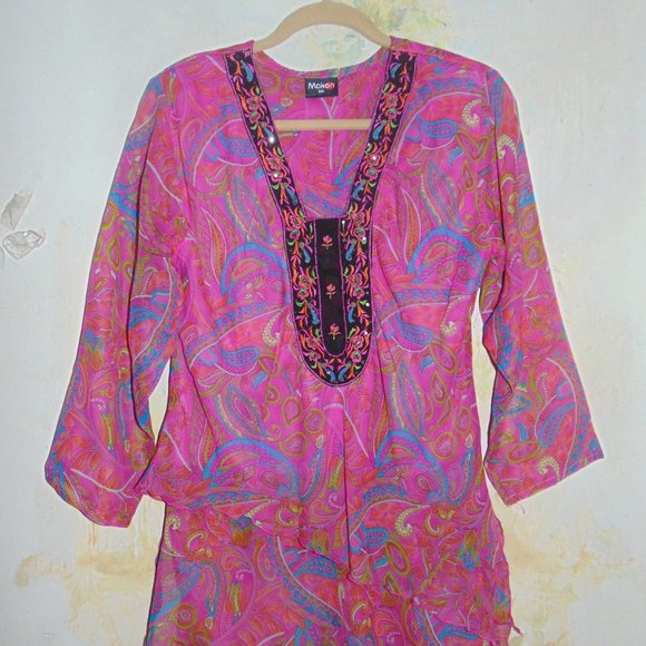 Makon Chic Luxury Resort Embroidered Caftan Tunic Blouse Fuchsia PINK SZ XXL - Picture 5 of 8